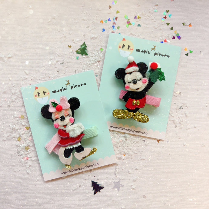 NEW Limited Christmas Edition Minnie Mouse or Mickey Mouse Glitter Hair Clip - Little Magic Pieces