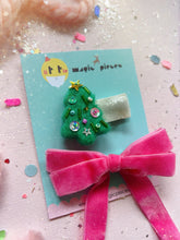 Load image into Gallery viewer, NEW Embellished Little Christmas tree and Velvet Pink Bow Hair Clip Set, Christmas