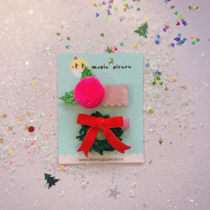 NEW Christmas Neon Pink Pom Pom and Holly Wreath Hair Clip Set - Little Magic Pieces