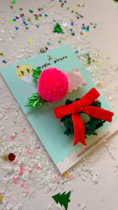 NEW Christmas Neon Pink Pom Pom and Holly Wreath Hair Clip Set - Little Magic Pieces