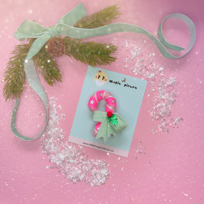 Neon Pastel Pink Candy Cane Glitter Hair Clip - Little Magic Pieces