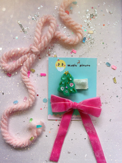 NEW Embellished Little Christmas tree and Velvet Pink Bow Hair Clip Set, Christmas