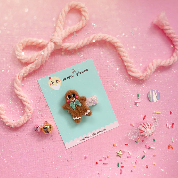 Festive Felted Gingerbread Man Glitter Hair Clip - Little Magic Pieces