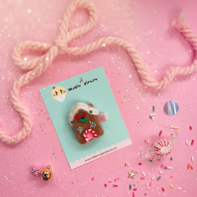 Festive Felted Hand Embellished Gingerbread House Glitter Hair Clip - Little Magic Pieces