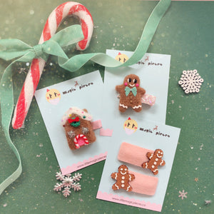 Festive Felted Hand Embellished Gingerbread House Glitter Hair Clip - Little Magic Pieces